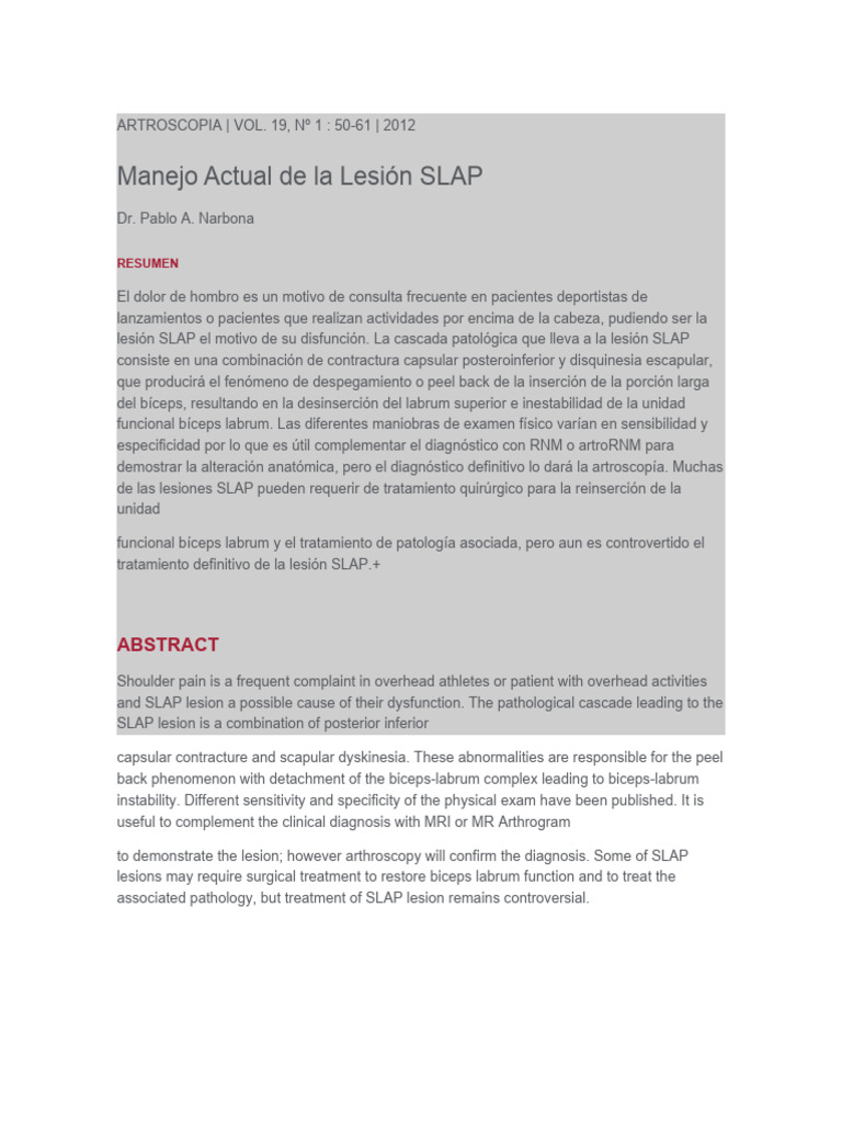 MAnejo Lesion SLAP | Descargar gratis PDF | Hombro | Sistema ...
