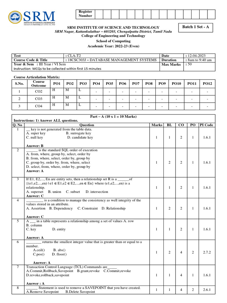 Batch 1 - Set A-Answer Key | PDF | Relational Database | Databases