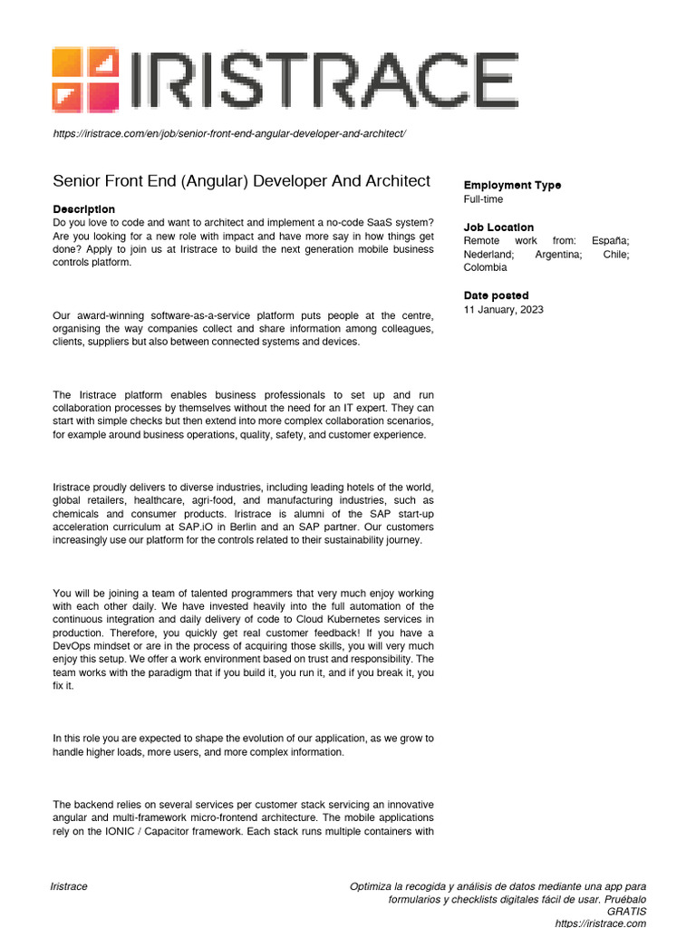 Iristrace Senior Front End Angular Developer and Architect 11 January ...