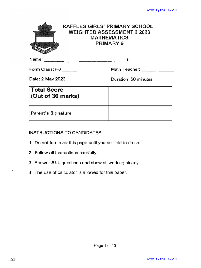 2023-P6-Maths-Weighted Assessment 2-Raffles | PDF