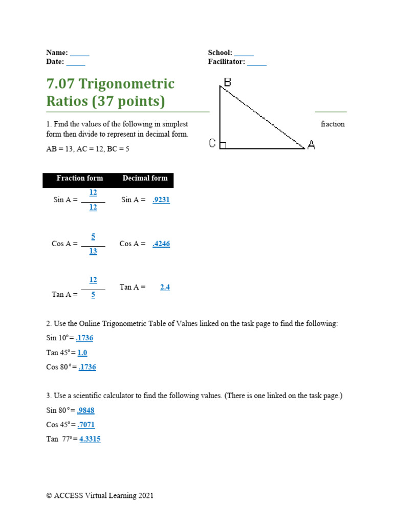 Trigonometric Ratios and Values Analysis | PDF | Trigonometric ...