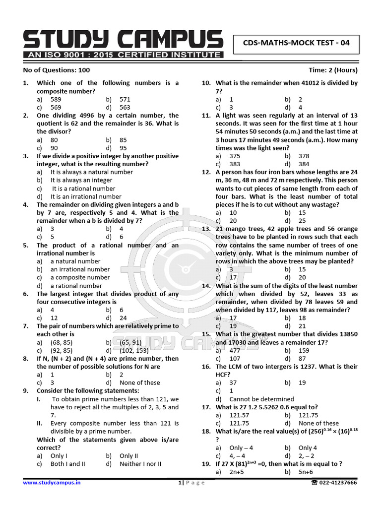 CDS Maths Mock Test Questions | PDF | Area | Triangle