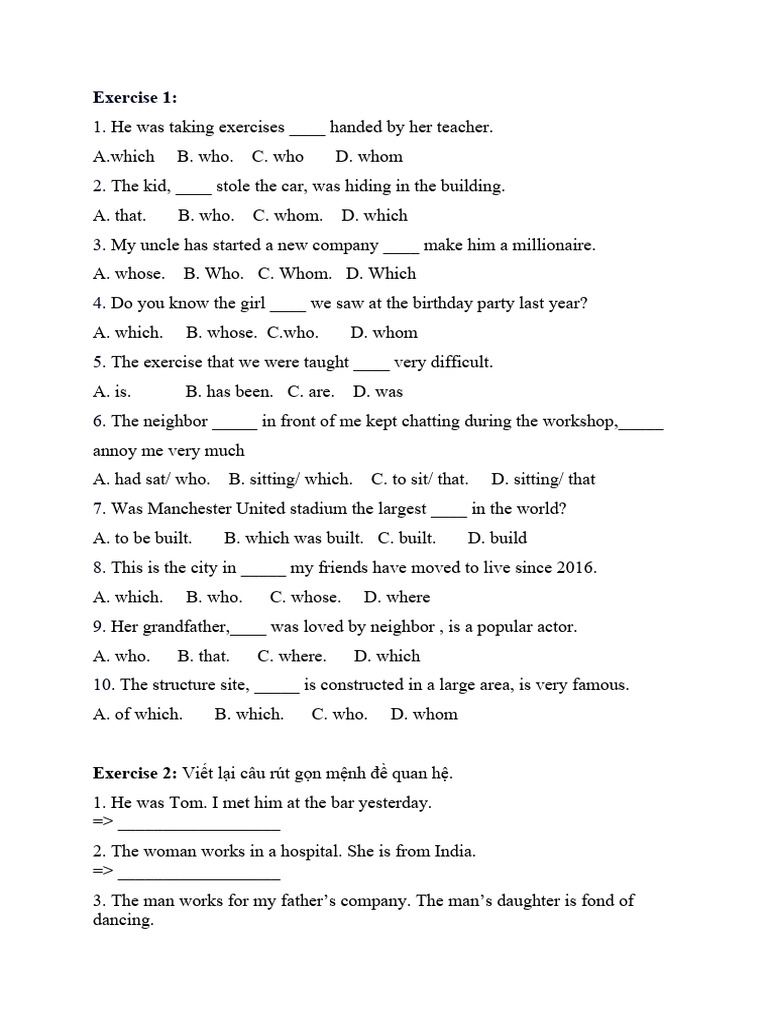 Bài Tập Relative Sentences | PDF
