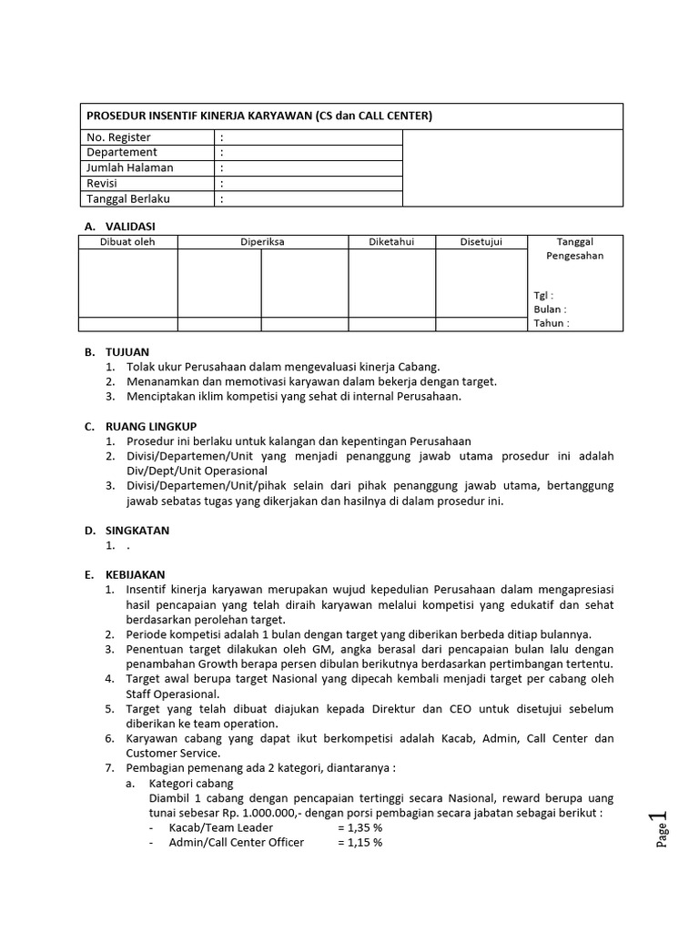 Prosedur Insentif Kinerja Karyawan CS | PDF