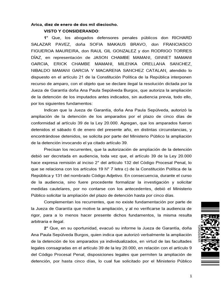 Rechazo de recurso de amparo en Arica | PDF | Fiscal | Detención ...