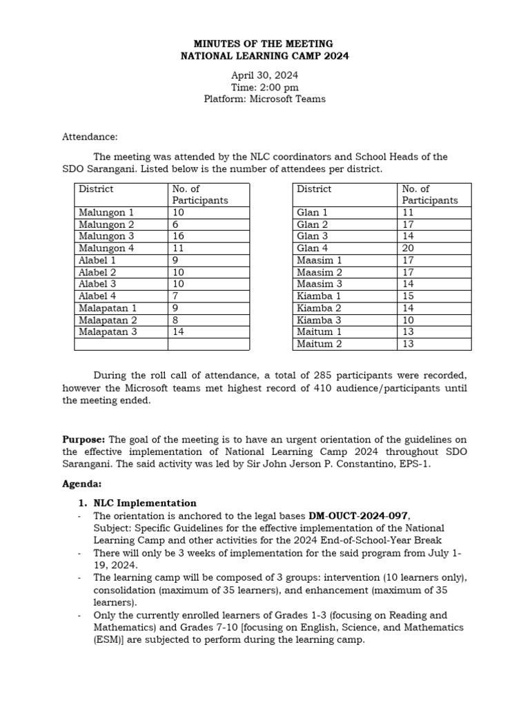 NLC 2024 Orientation Minutes of The Meeting | PDF | Learning | Cognition