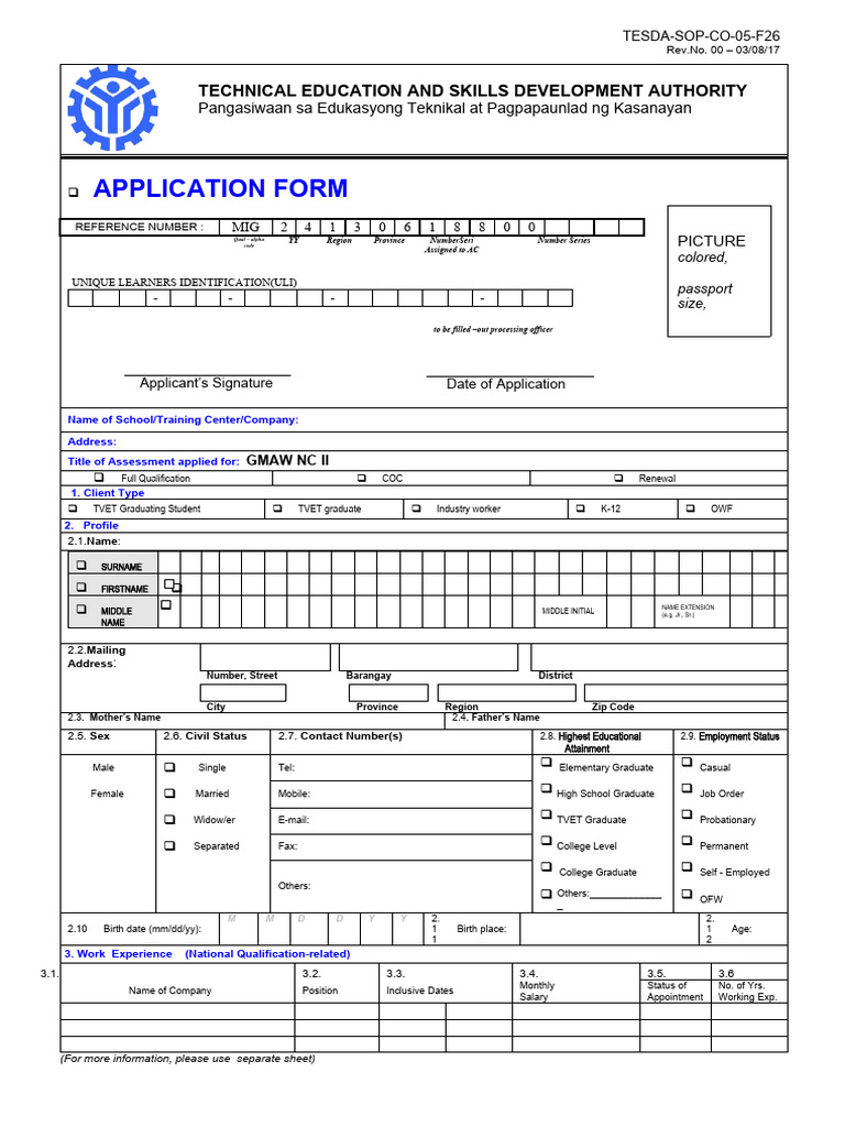 ULI Application Form for GMAW NC II | PDF