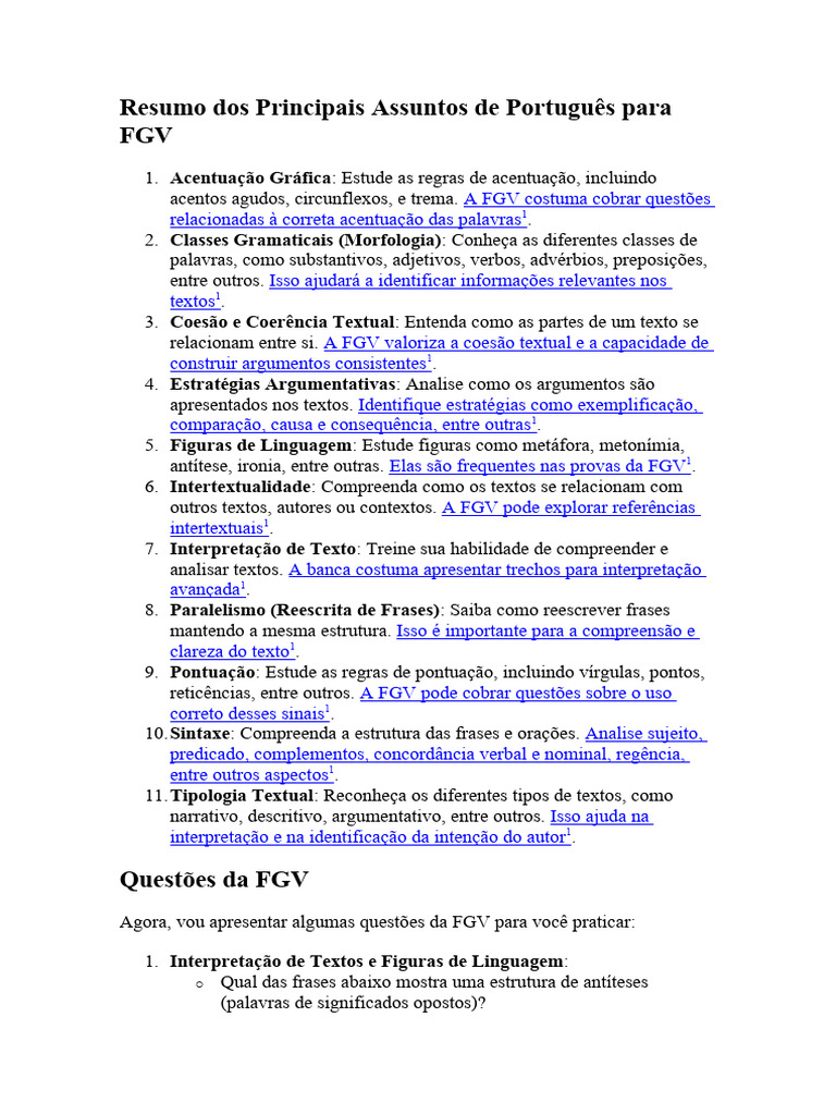 Resumo Dos Principais Assuntos de Português para FGV | PDF | Sintaxe ...