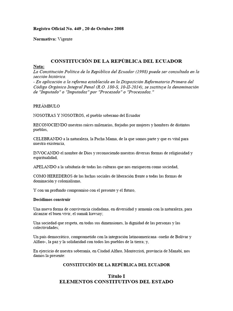 Constitución de La República Del Ecuador | PDF | Invalidez | Derecho ...