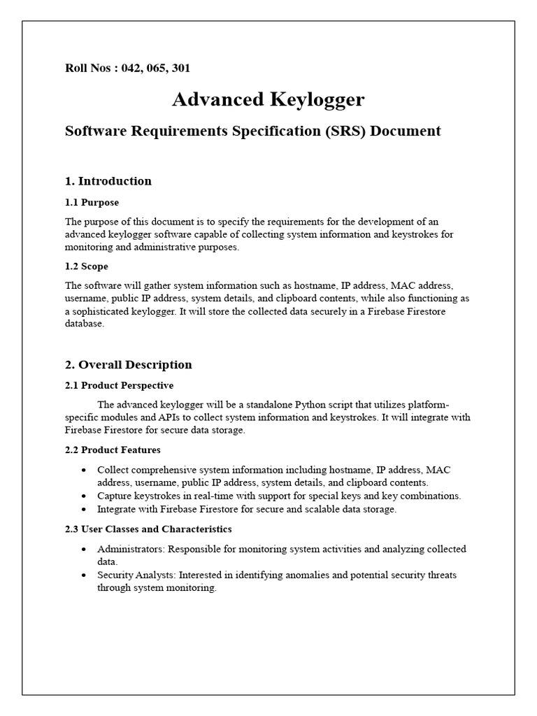 Advanced Keylogger SRS Document | PDF | Software | Information Technology
