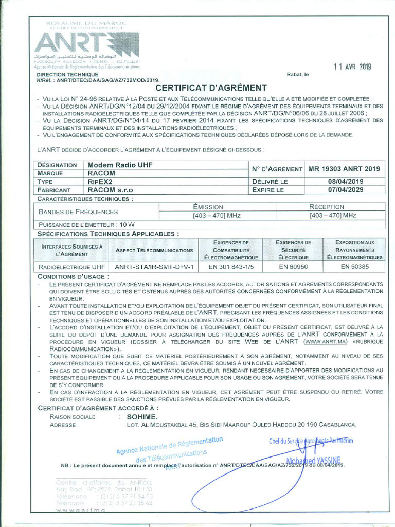 Certificat D'agrement (Racom Ripex2) | PDF