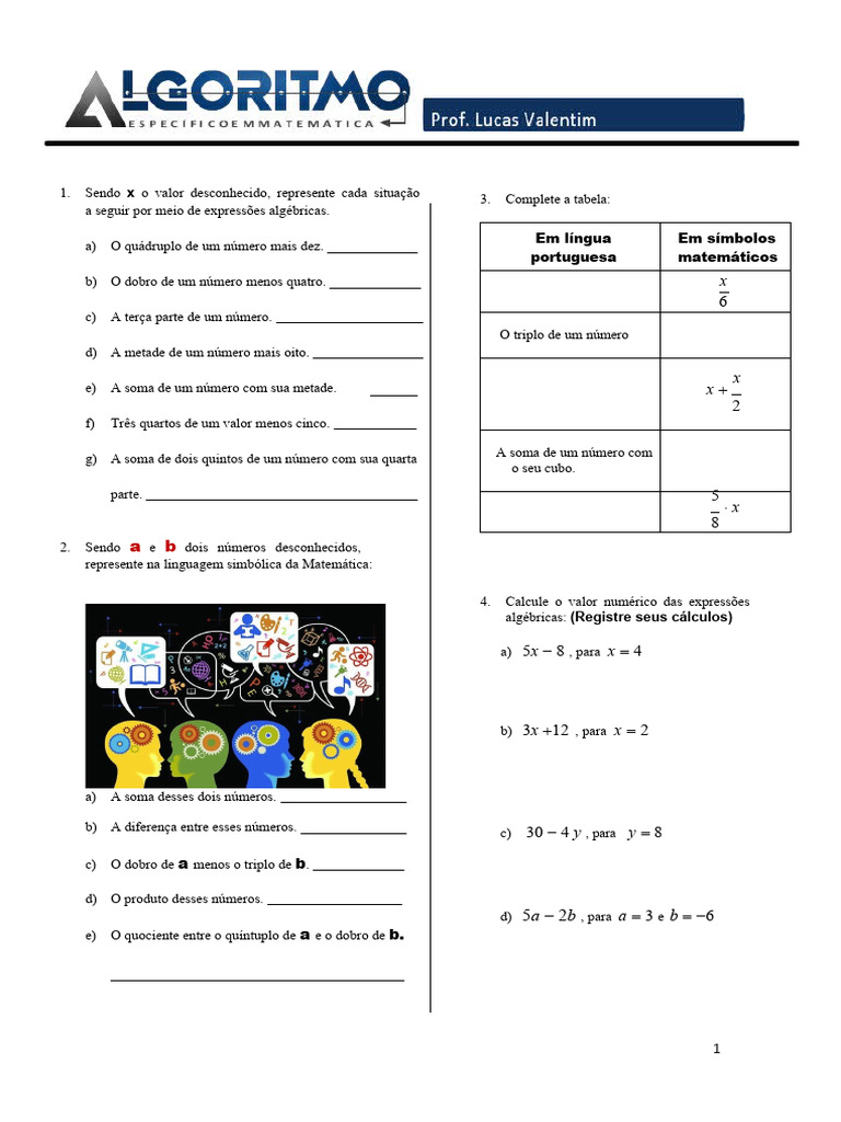 Atividade Avaliativa - 7º Ano - Expressões Algébricas | PDF | Números ...