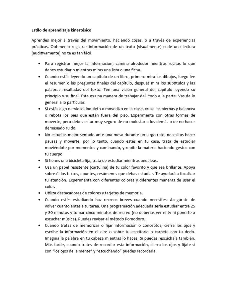 Estilo de Aprendizaje Kinestésico | PDF