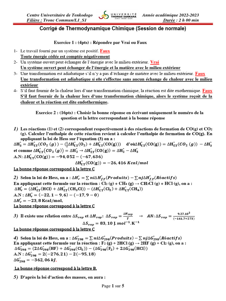 Corrigé sur la loi de Hess en chimie | PDF | Enthalpie | Réactions ...