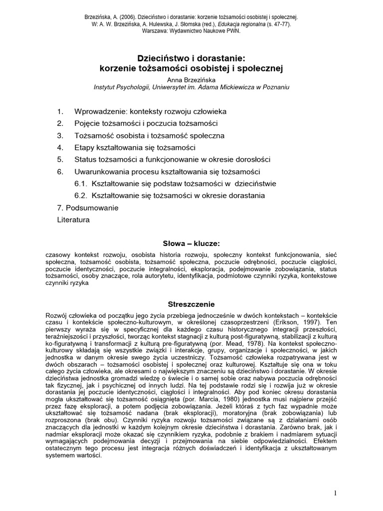 Dziecinstwo I Dorastanie Korzenie Tozsam | PDF