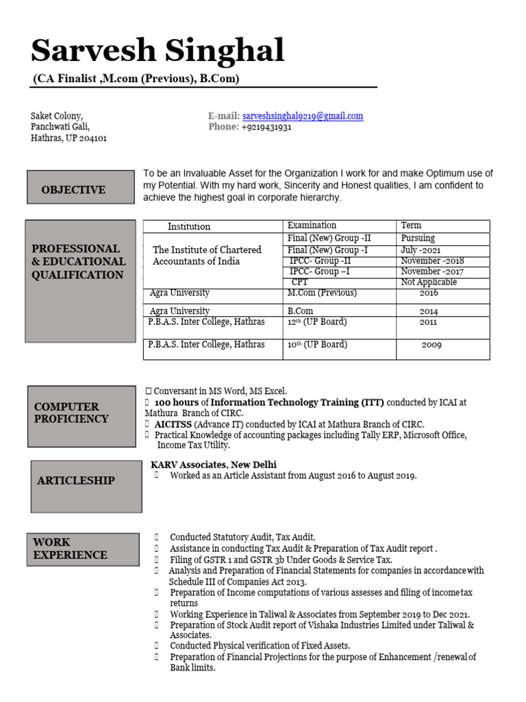 CA Finalist Resume for Articleship | PDF | Audit | Accounting