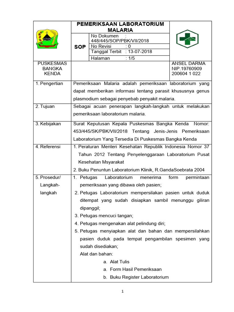 SOP Pemeriksaan Laboratorium Malaria | PDF