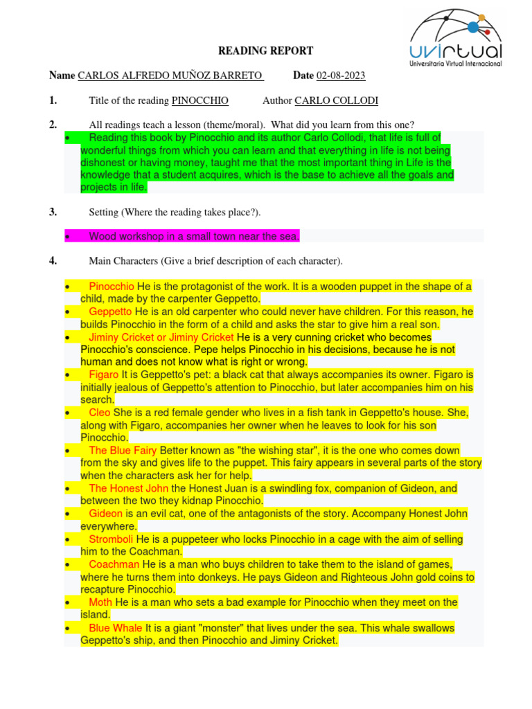 Pinocchio: A Moral Reading Report | PDF | Pinocchio