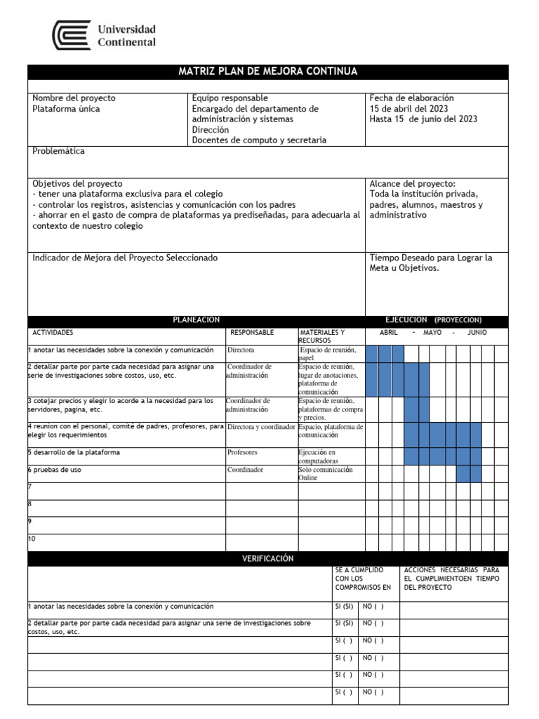 Matriz. Plan de Mejora Continua - 2 FICHAS 2023 - JOSE QUISPE | PDF