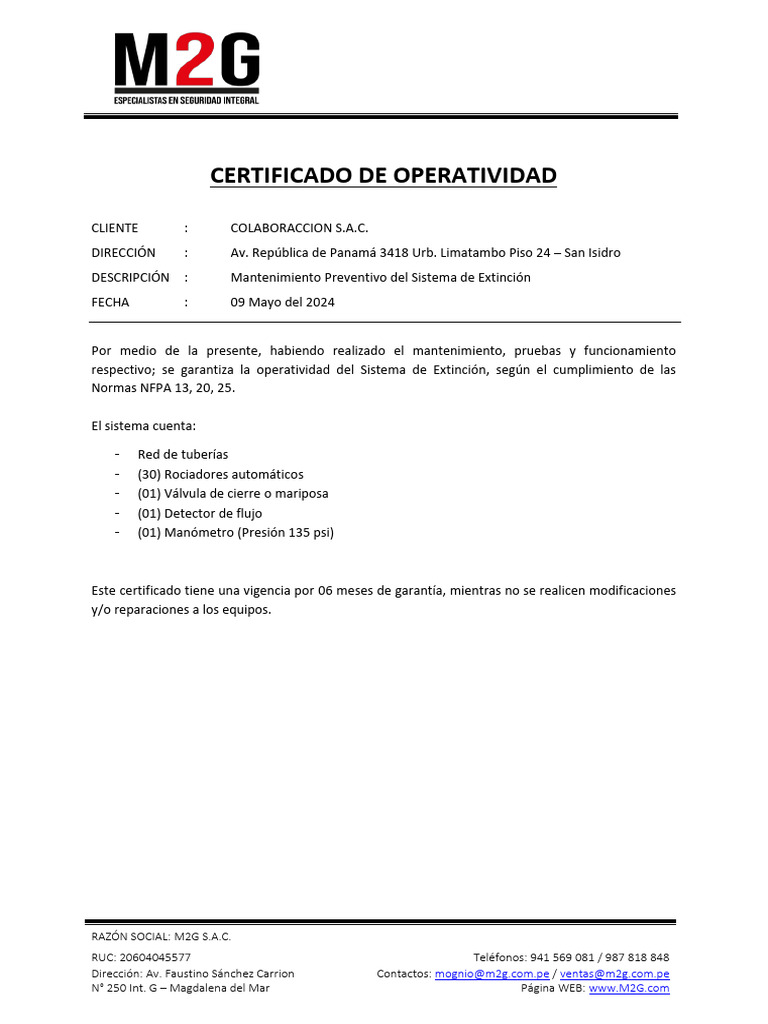 Certificado de Operatividad M2G S.A.C. | PDF