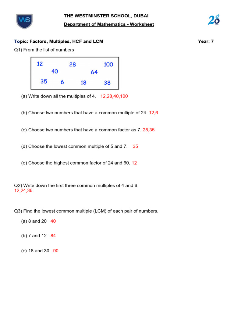 Year 7 - HCF and LCM - Worksheet | PDF