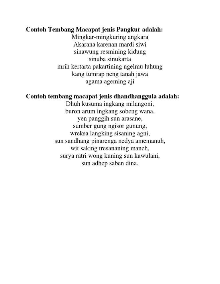 Contoh Tembang Macapat Jenis Pangkur