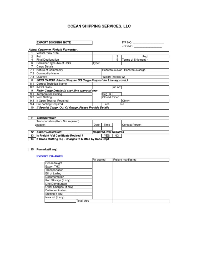 Export Booking Note Template | PDF