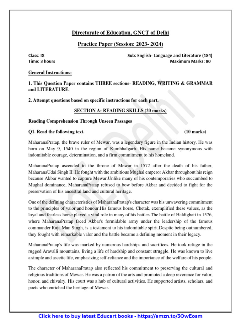 Class 9 English Paper 202324 Set 1 PDF