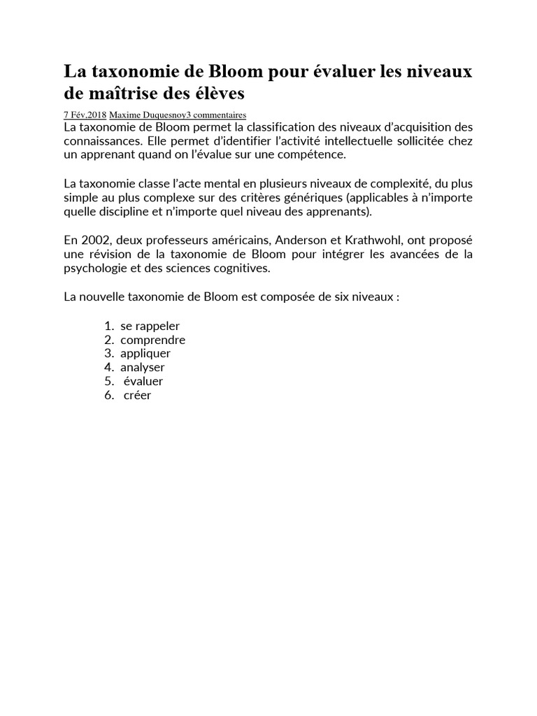 Taxonomie de Bloom : Évaluer les élèves | PDF | Taxonomie (Biologie ...