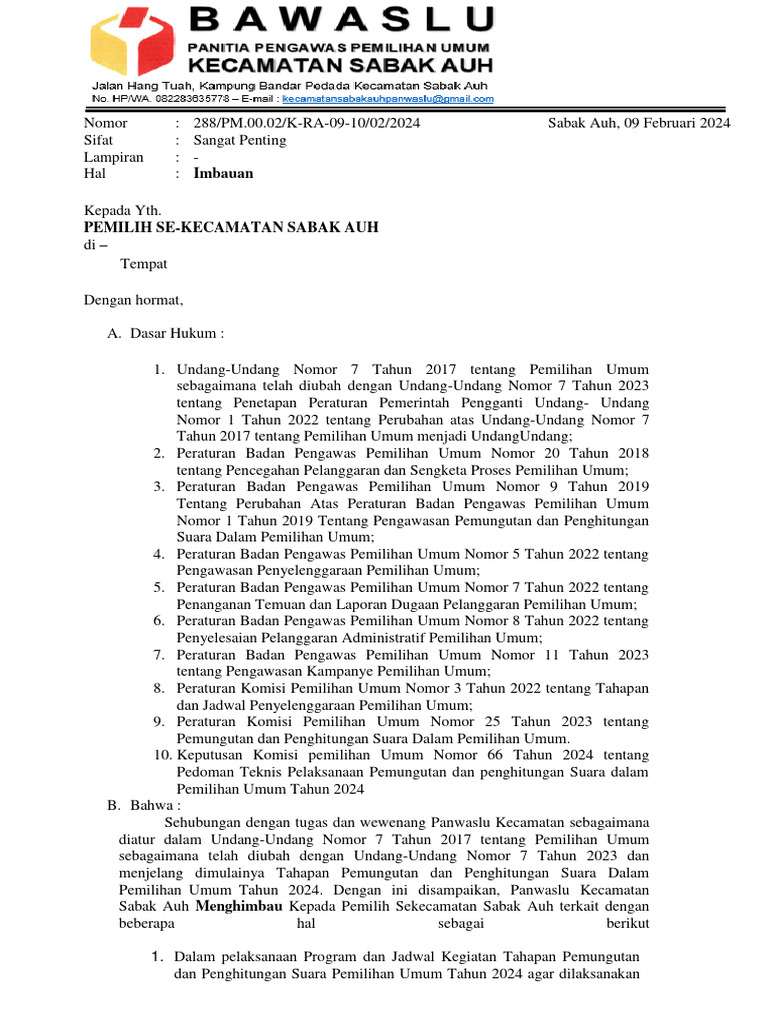 Imbauan Pemilih Pemilu 2024 Sabak Auh | PDF