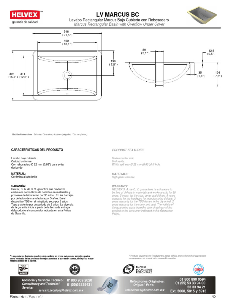 Lavabo Rectangular Marcus con Rebosadero | PDF