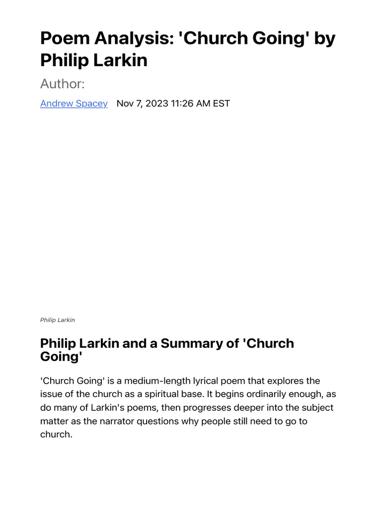 Poem Analysis - 'Church Going' by Philip Larkin - Owlcation | PDF | Poetry