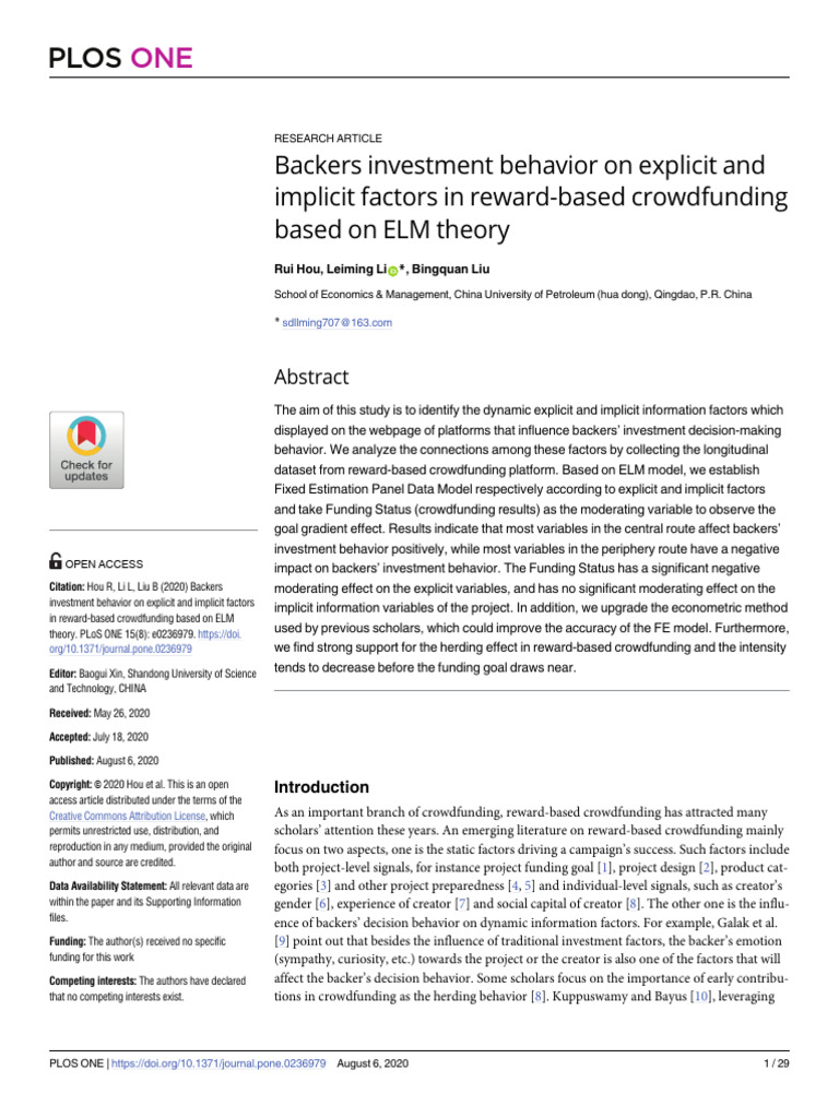 Backers Investment Behavior On Explicit and Implicit Factors in Reward
