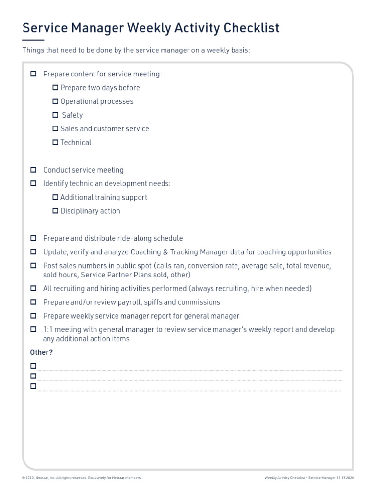 Weekly Service Manager Checklist | PDF