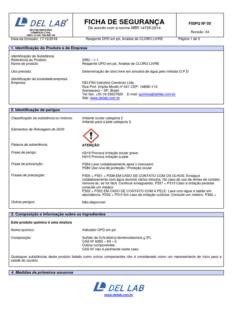 Ficha de Segurança: Reagente DPD em Pó | PDF | Desperdício | Embalagem ...