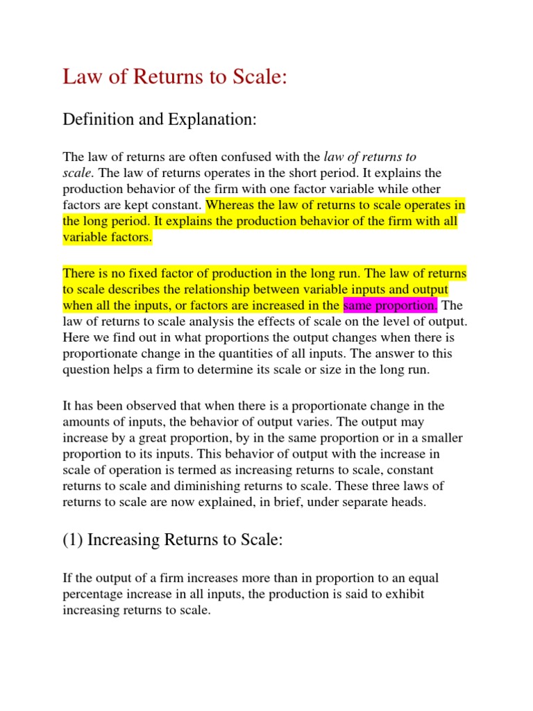 Law Of Returns To Scale Pdf Average Cost Production Function