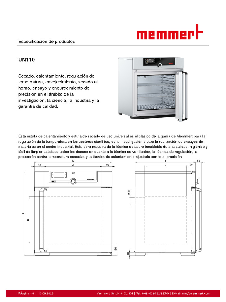 Estufa Universal Memmert UN110: Especificaciones | PDF