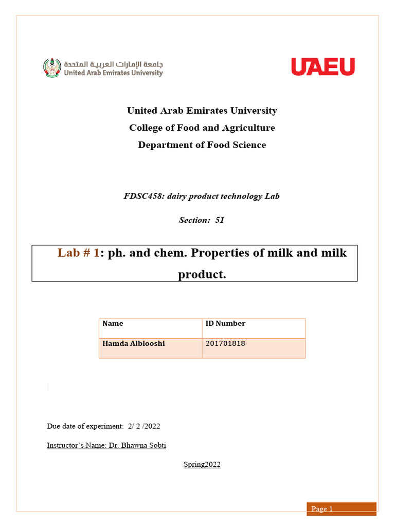 Dairy Lab 1 | PDF | Milk | Ph