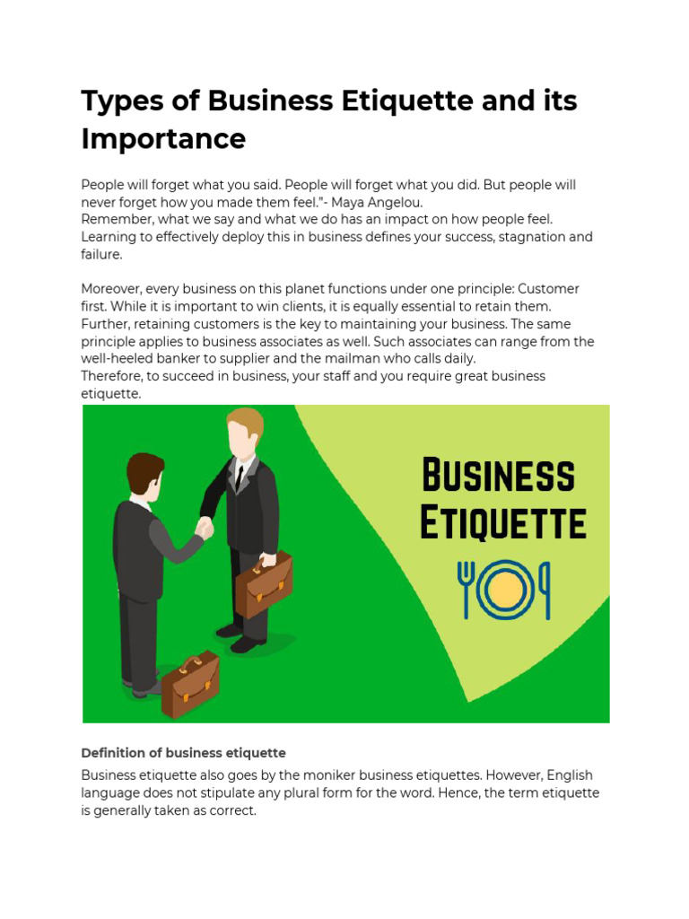 Types of Business Etiquette and Its Importance | PDF | Organizational ...