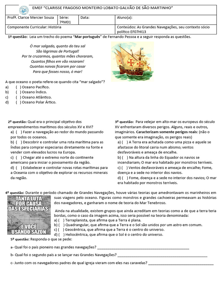 Atividades sobre Grandes Navegações 7º Ano | PDF | Oceano Atlântico ...