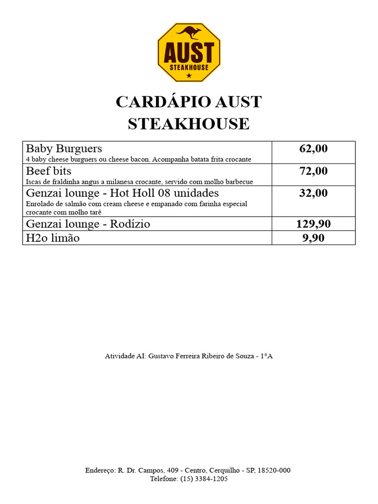 Cardápio Aust Steakhouse Cerquilho | PDF