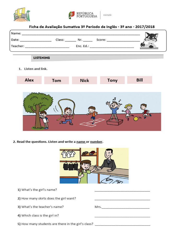 Ficha de Avaliação Final3º Período de Inglês 3º Ano | PDF | Clothing ...