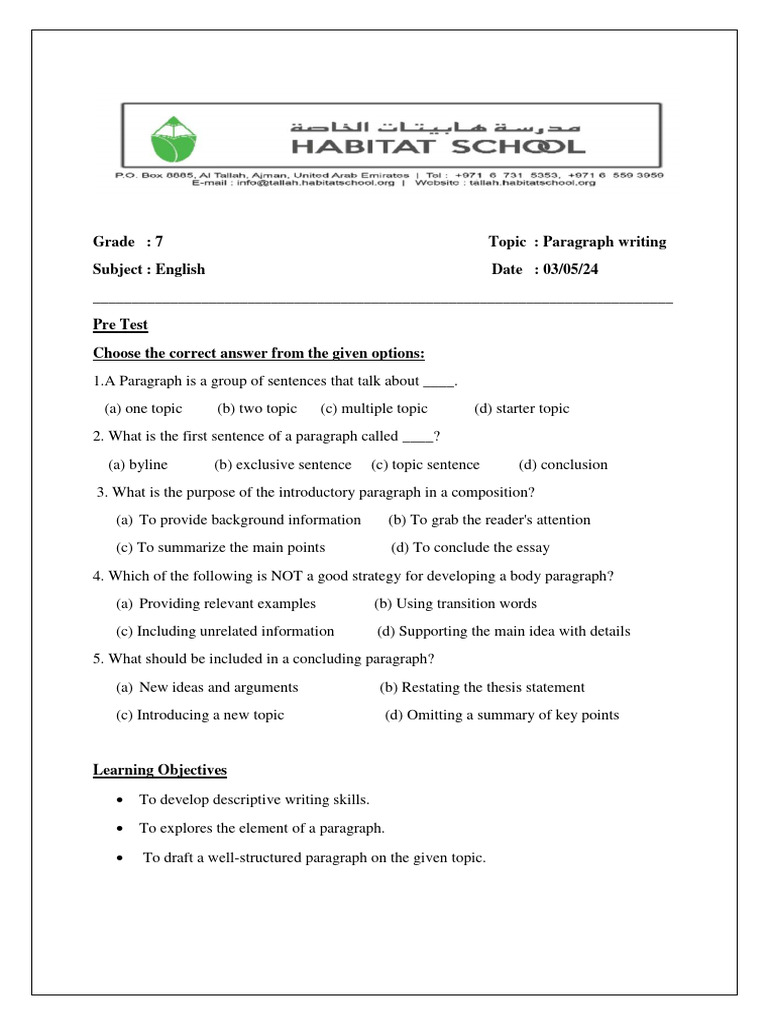 Gr7 Paragraph Writing Pdf