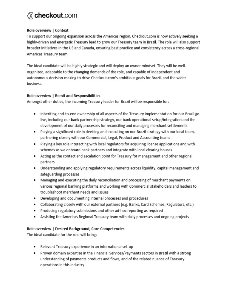 Role Overview - Treasury Lead (Brazil) | PDF | Banks | Cloud Computing