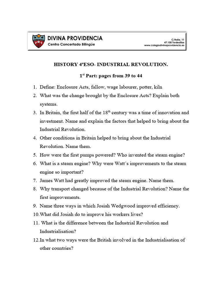 Questions and Answers 1st Part Unit 4 Industrial Revolution Copia 2