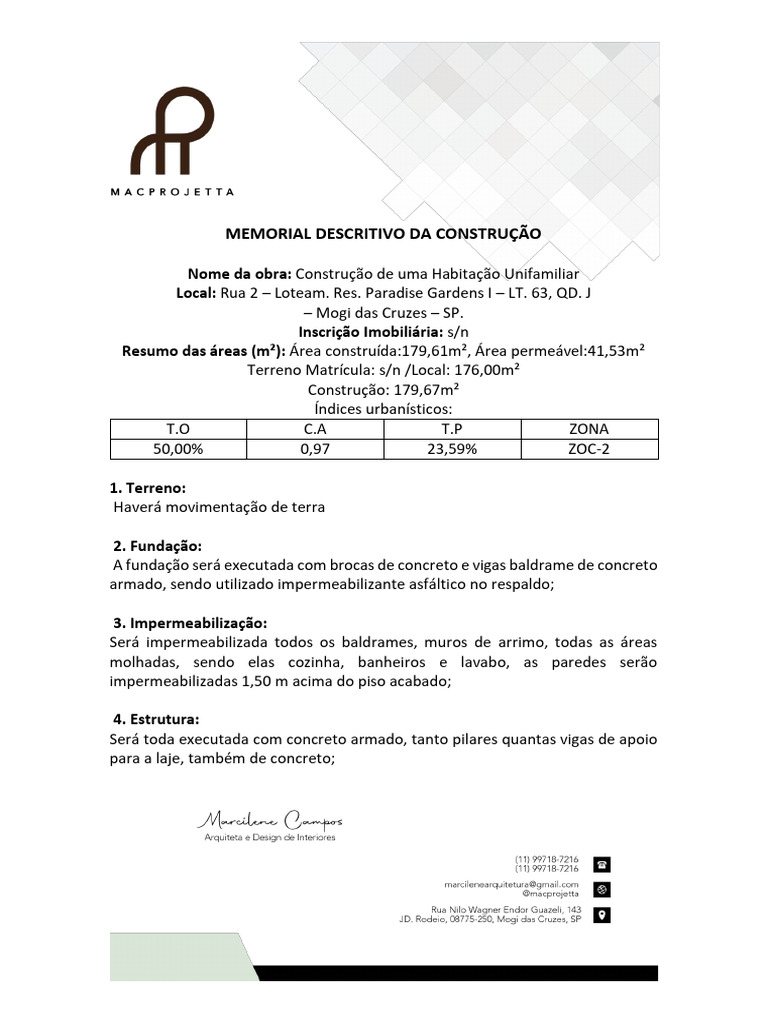 Memorial Descritivo Da Construcao (1) | PDF | Concreto | Alvenaria