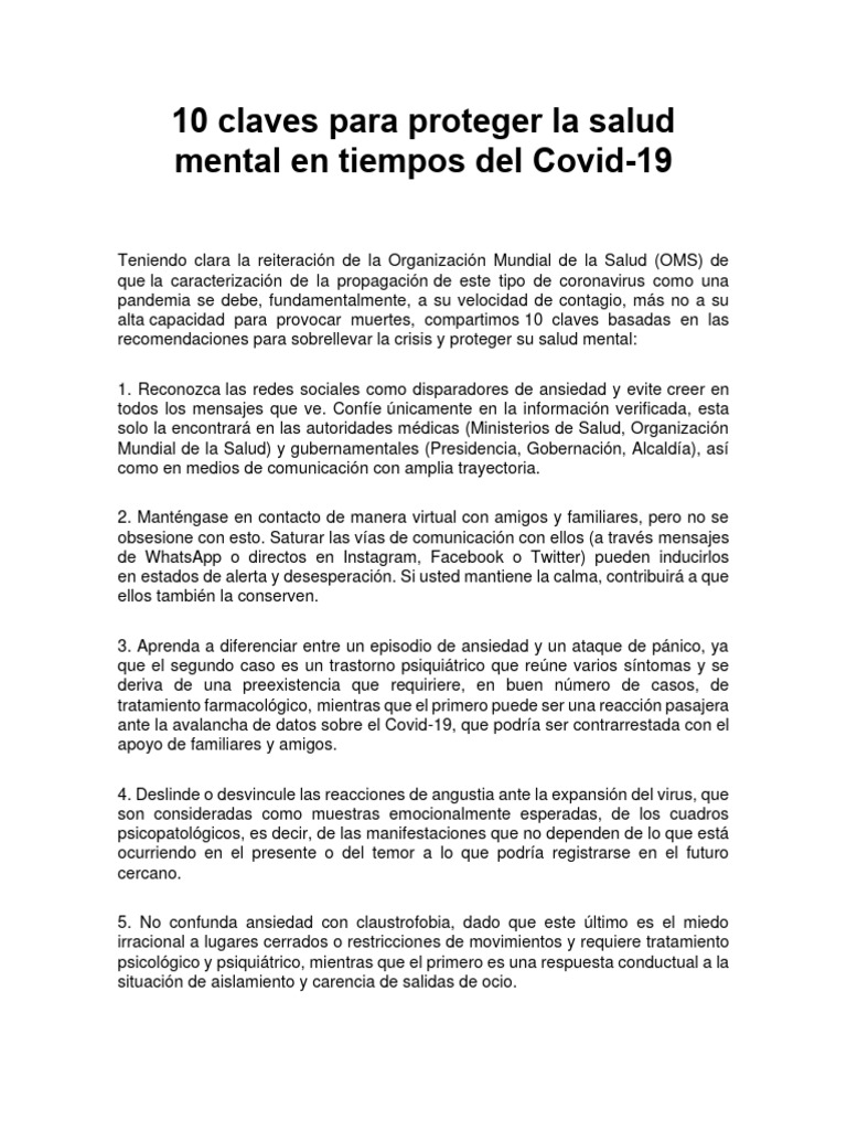 Protege tu Salud Mental en Pandemia | PDF | Ansiedad | Ciencias del ...