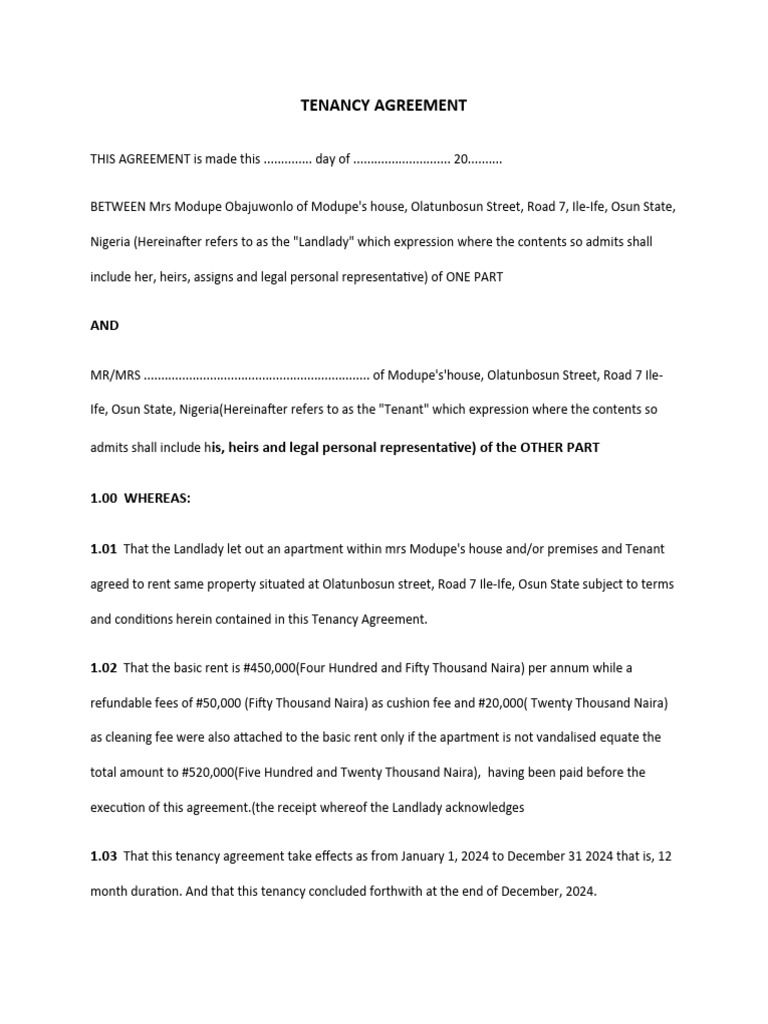 Tenancy Agreement Pdf Leasehold Estate Landlord