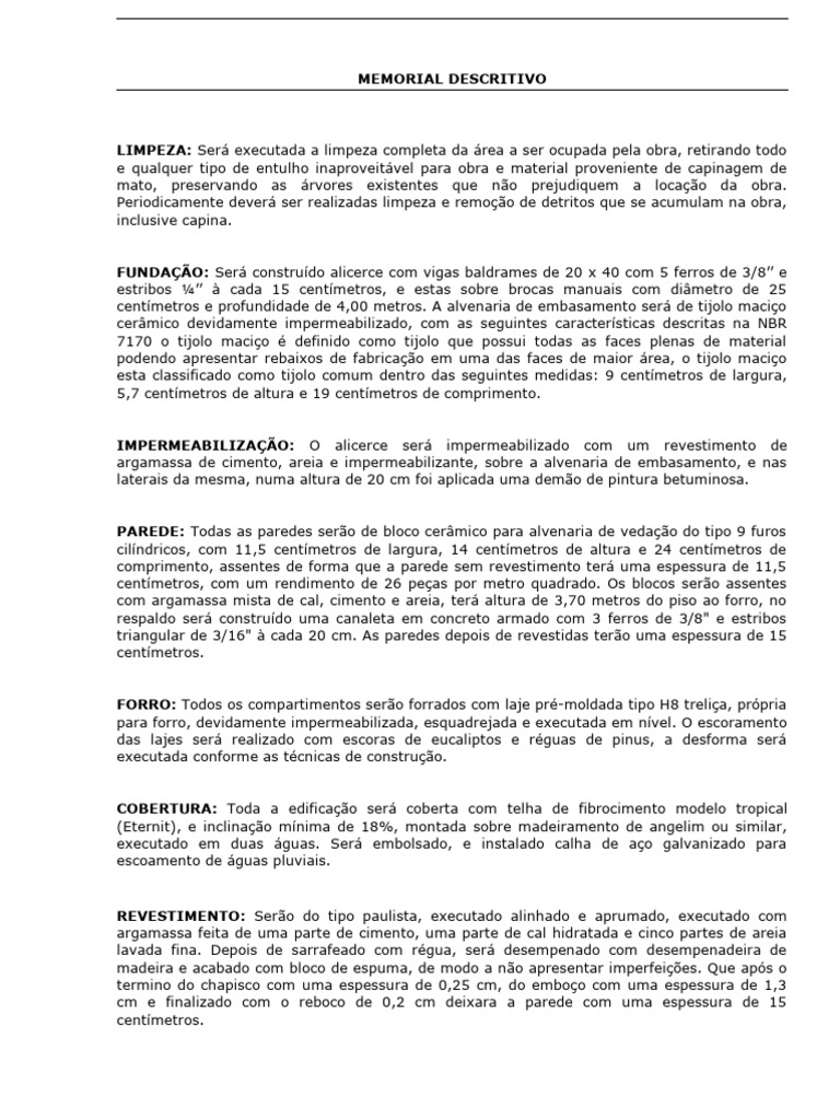 Memorial Descritivo de Construção Civil | PDF | Argamassa (alvenaria ...