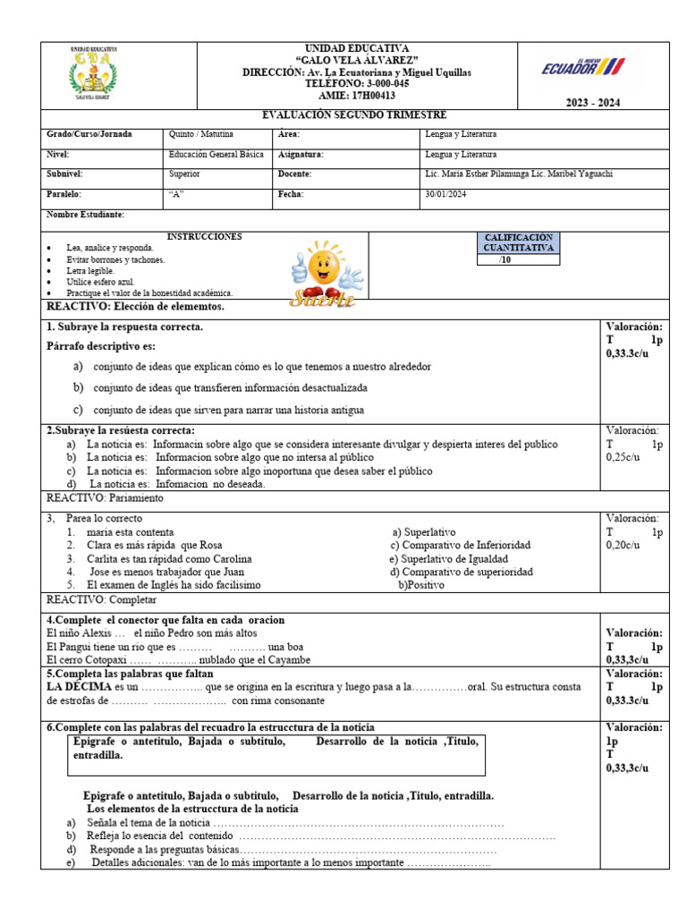Evaluación Lengua y Literatura 5to Grado | PDF